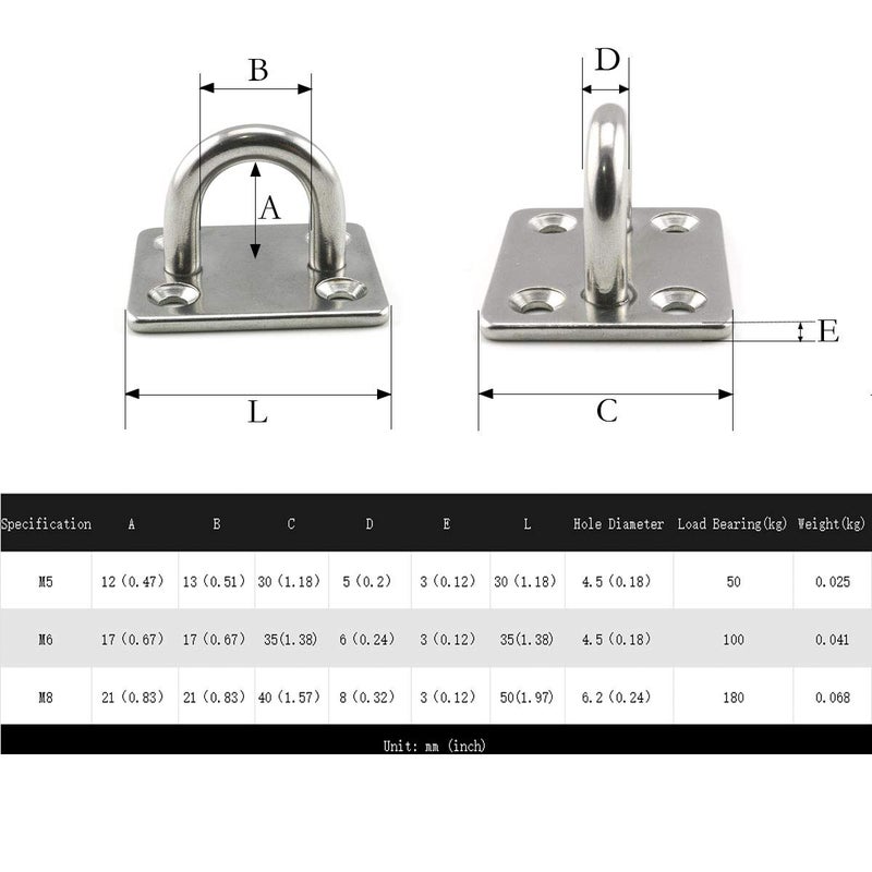 Lind Kitchen 2-Pack M5 Ceiling & Wall Mount Hanging Hardware Fitting Set 304 Stainless Steel Heavy Duty Square Pad Eye Hook Plate + Snap Hook for Yoga Hammock Swing Marine Boat Application - Image 4